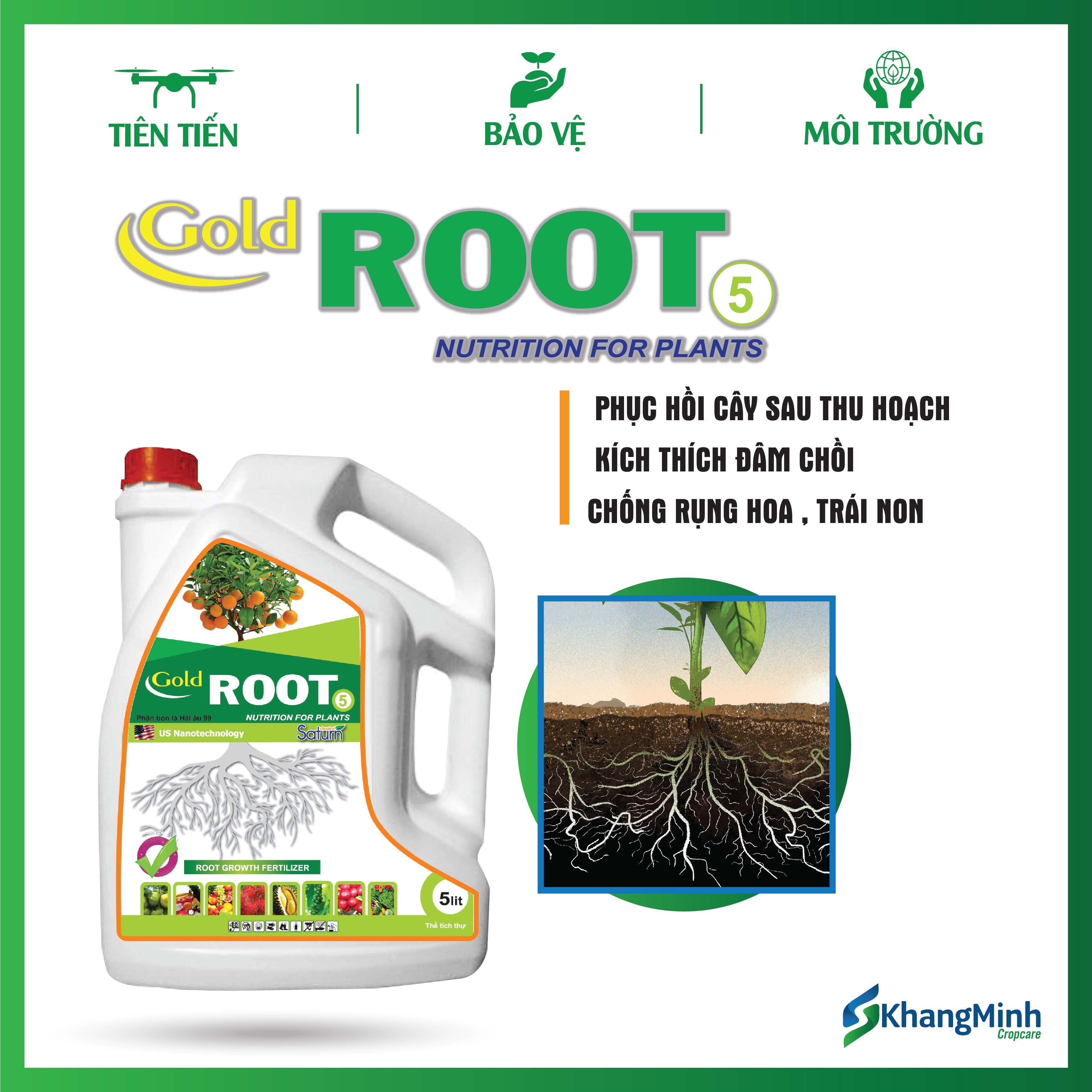 Phân bón Gold Root 5 lít giúp rễ phát triển mạnh, tối đa, giúp cải tạo, làm đất tơi xốp, tăng độ mùn cho đất - phục hồi vườn cây sau thu hoạch