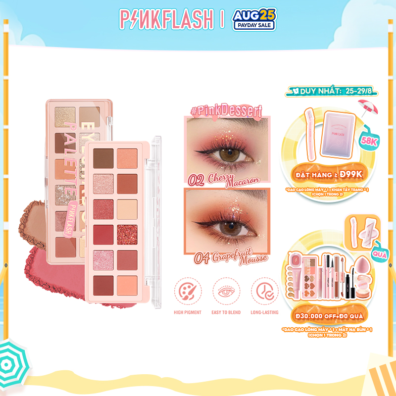 PINKFLASH #PinkDessert Bảng phấn mắt 12 màu Sắc tố cao Bột mịn và mịn Không thấm nước lâu dài