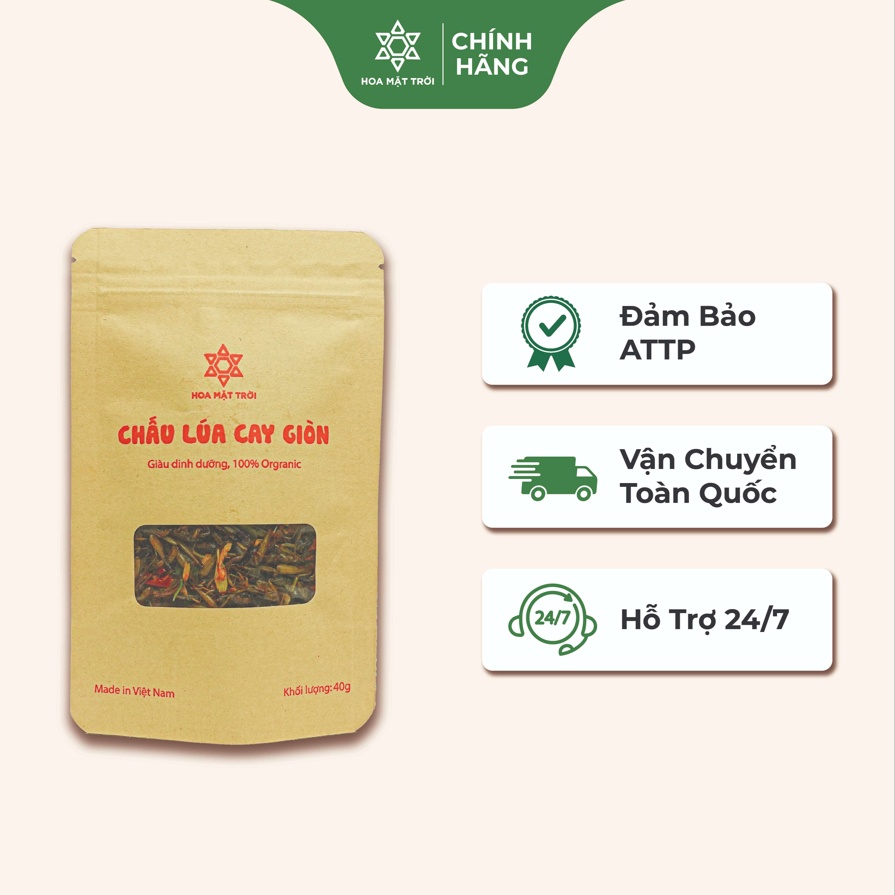 Châu chấu lúa cay giòn, châu chấu lúa rang lá chanh, đồ khô, đồ sấy, thực phẩm khô, thực phẩm sấy làm đồ nhậu hoa mặt trời farm