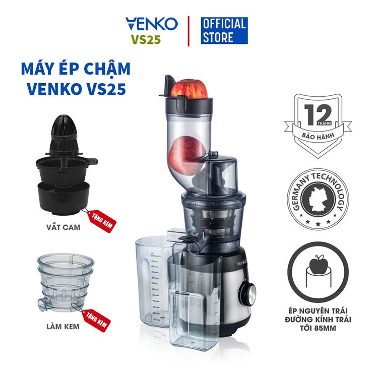 [BH 18 THÁNG] Máy Ép Chậm Trục Dọc Venko vs25 Công Suất Lớn - Máy Ép Đa Năng, Làm Kem, Làm Sữa Hạt - Ép Cả Quả, Kiệt Bã 98%, Không Lo Bị Kẹt