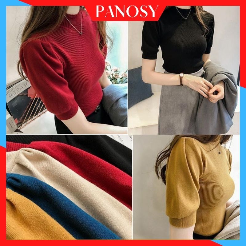 Áo len nữ tay bồng áo len cổ lỡ ngắn tay chất dày dặn hàng đẹp PANOSY - A459