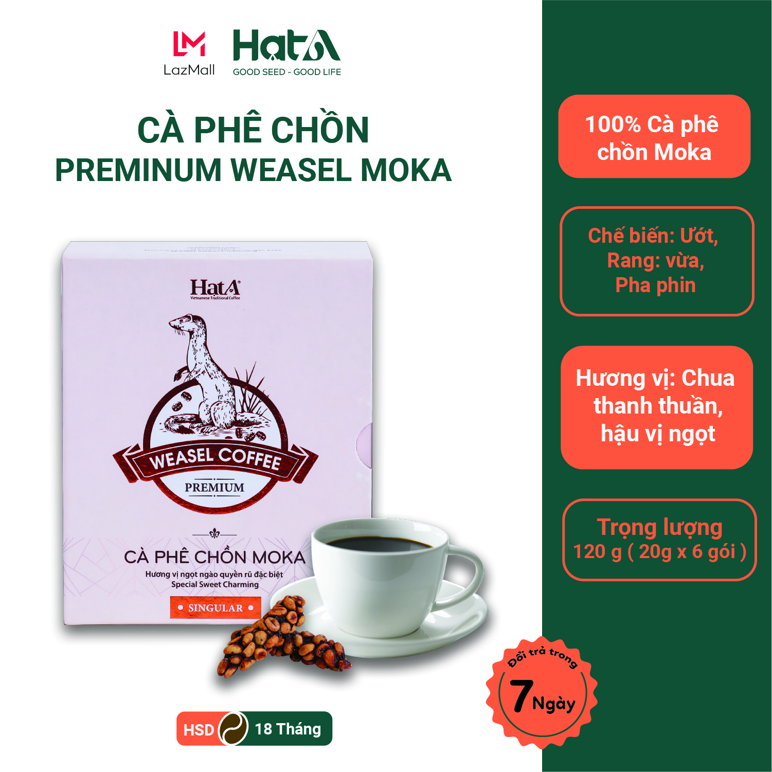 Cà Phê Chồn Moka Thượng Hạng Nguyên Chất 100% Hạt A Cafe Premium Weasel Moka Coffee - Hương Vị Đắng Nhẹ Tự Nhiên, Phảng Phất Hương Socola - 120g/ 6 Gói