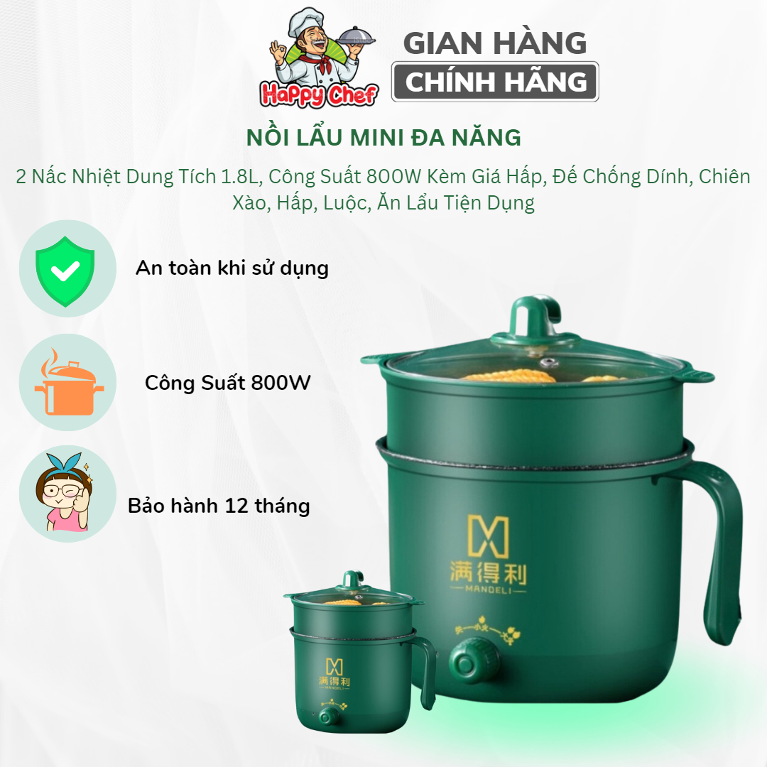 Nồi Lẩu Mini Đa Năng, Nồi Nấu Đa Năng, Ca Nấu Mì 18cm 2 Nấc Nhiệt Kèm Giá Hấp Inox, Đế Chống Dính, Chiên Xào, Hấp, Luộc, Ăn Lẩu Tiện Dụng, Bảo Hành 12 Tháng
