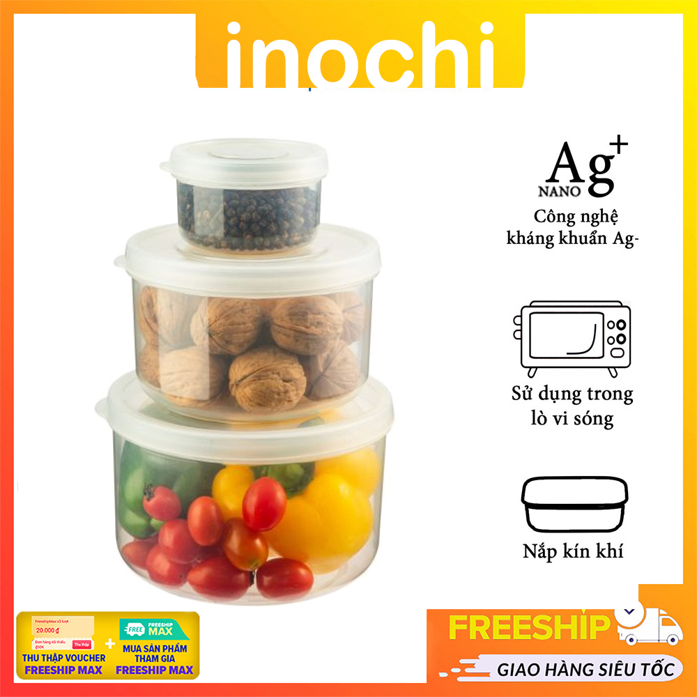 Bộ 3 Hộp Nhựa Tròn Có Nắp Đựng Thức Ăn Mang Đi Inochi,Gọn Gàng, Thiết Kế Trong Suốt, Bền Kín. Giữ Nhiệt, Công Nghệ Nhật Bản ( Loại 500-1000-2000ml)
