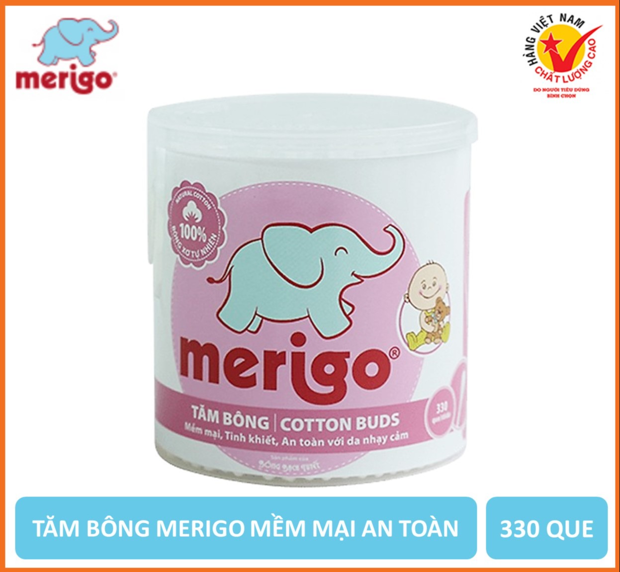 Hộp tròn xoay 330 que tăm bông trẻ em merigo - chính hãng bông bạch tuyết