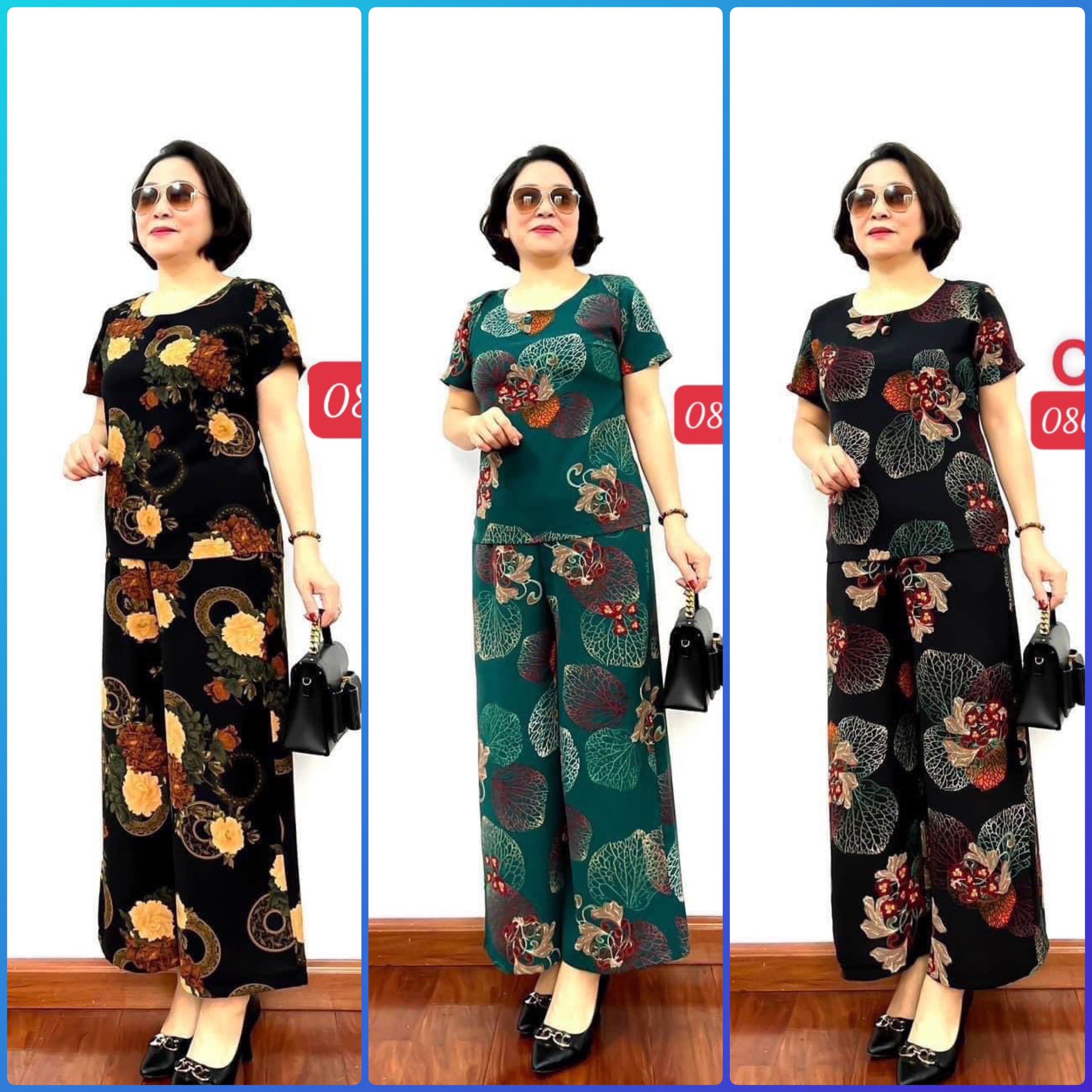 Bộ lanh hoạ tiết áo cộc quần ống sớ sang trọng lịch sự_bộ đồ trung niên cho bà cho mẹ