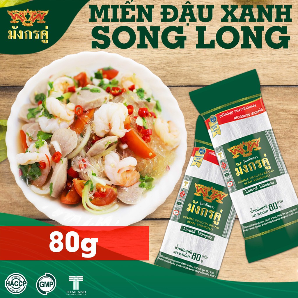 Miến khô đậu xanh SONG LONG Thái Lan 80gr miến Double Dragon ThaiWah túi xanh lá