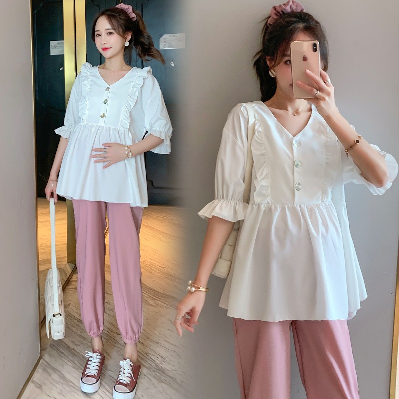 Bộ đồ bầu babydoll dáng rộng quần bầu bo gấu xinh xắn cho mẹ bầu siêu đẹp BD932