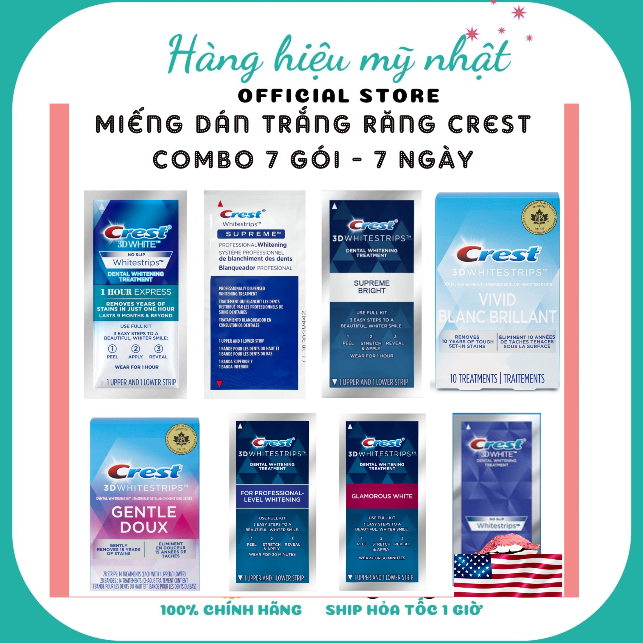 Set 7 miếng trắng răng mỹ crest supreme chính hãng Mỹ