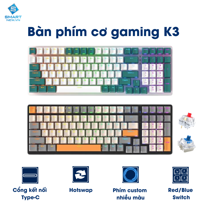 Bàn phím cơ gaming k3 red switch 100 phím, led 16,5 triệu màu 10 chế độ