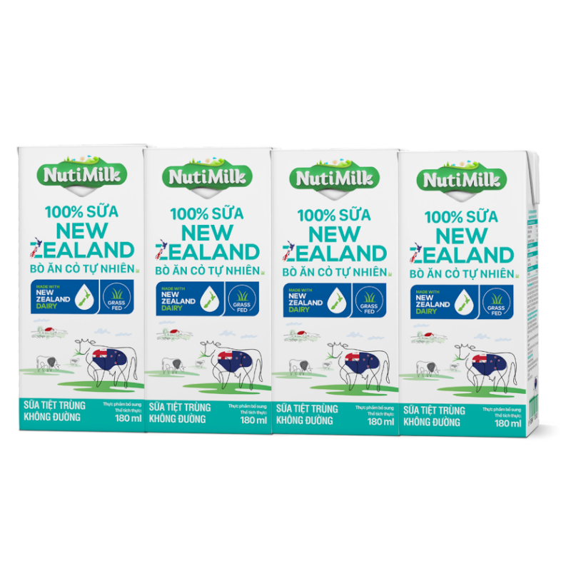Combo 4 Hộp NutiMilk 100% Sữa New Zealand Bò ăn cỏ tự nhiên Không đường 180ml CB4.NZSKD180AZ - Thương Hiệu NUTIFOOD - THỜI TRANG GIÁ TỐT 89