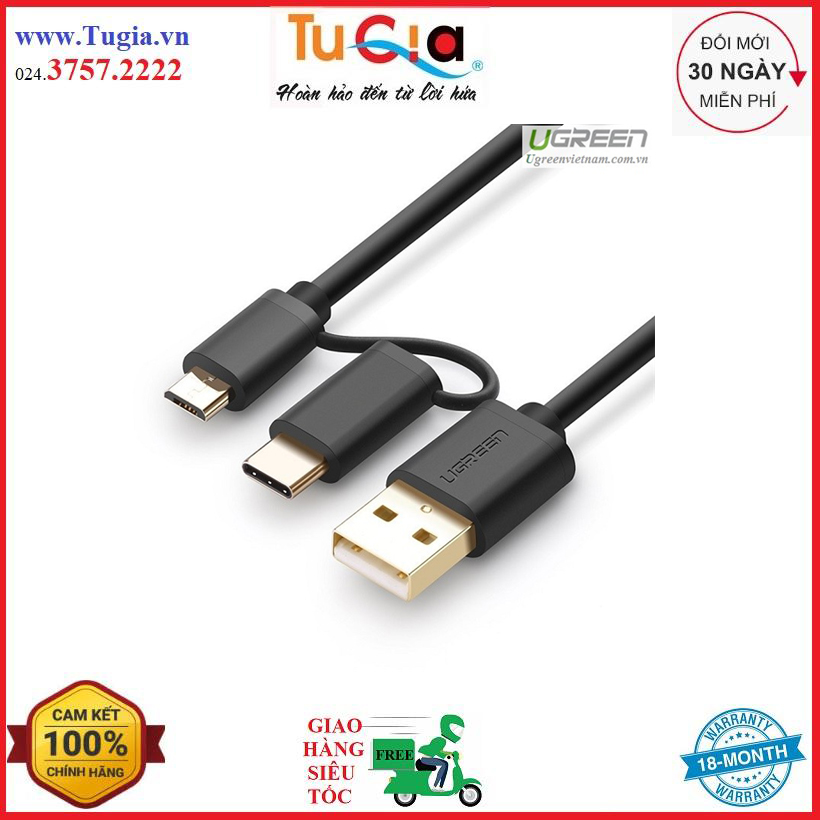 Cáp sạc điện thoại 2 trong 1 micro usb và type c chính hãng ugreen 30174 - hàng chính hãng