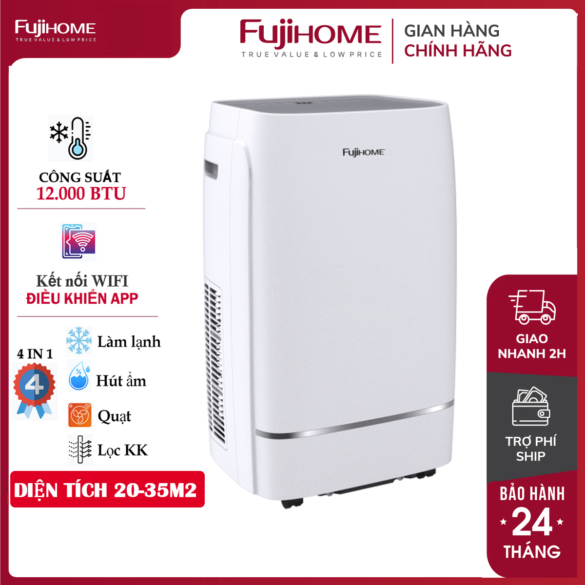 Máy lạnh di động 12.000 BTU nhập khẩu FUJIHOME, máy điều hòa di động mini làm lạnh, lọc không khí, quạt, hút ẩm, kết nối wifi điều khiển từ xa