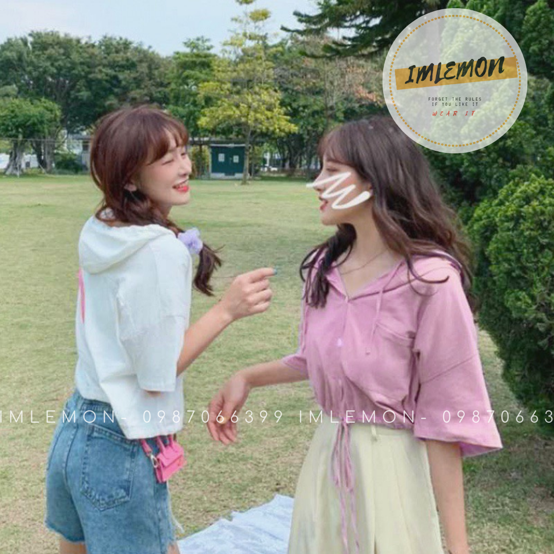 Áo Khoác Thun  Croptop Nữ Tay Lỡ, Có Nón Nút Có Thể Mix 2 Kiểu, Thoải Mái, Năng Động, Team- Nhóm