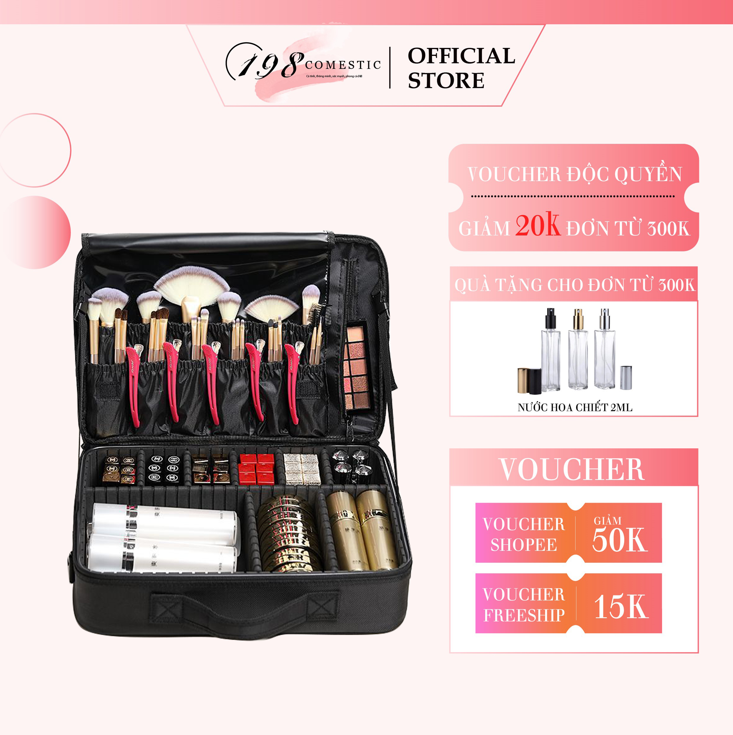 Cốp trang điểm bằng vải 2 ngăn size 43x31x17 cm kèm dây đeo. vali đựng đồ makeup chuyên nghiệp. cốp make up cao cấp