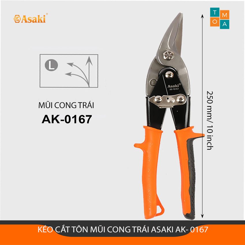 Kéo cắt tôn mũi cong trái asaki ak-0167 10 inch/250 mm, nhập khẩu chính hãng