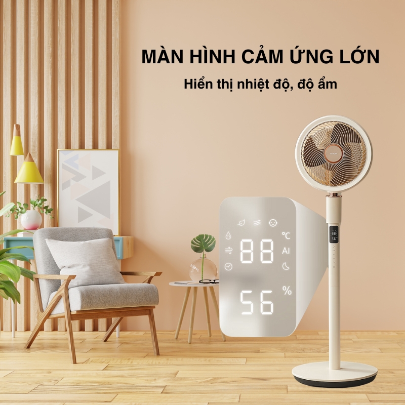 Quạt sharp pj-cd614a, động cơ dc, 32 chế độ gió, quay 360°, tạo ion âm, làm sạch không khí
