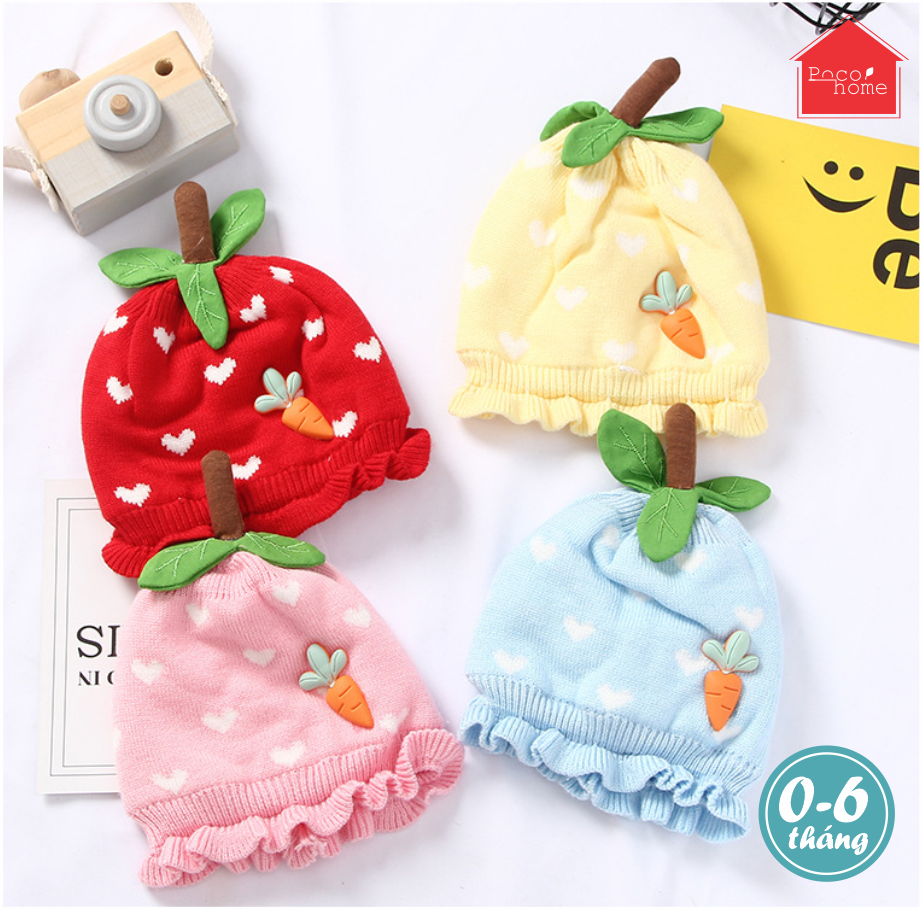 [HCM]Mũ len cho bé gái bé trai từ 0-8 tháng thiết kế dâu tây dễ thương 2 lớp co giãn thoải mái, mũ len trùm đầu Thu Đông cho bé Poco Home
