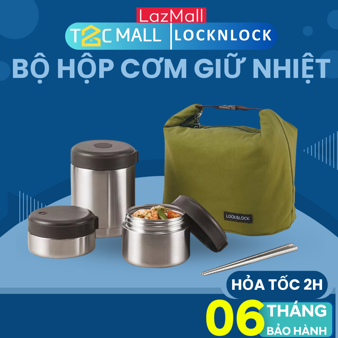 Bộ 3 hộp cơm giữ nhiệt locknlock kèm đũa và túi giữ nhiệt- màu bạc chất liêu thép không gỉ mushroom lhc8025slv - t2cmall