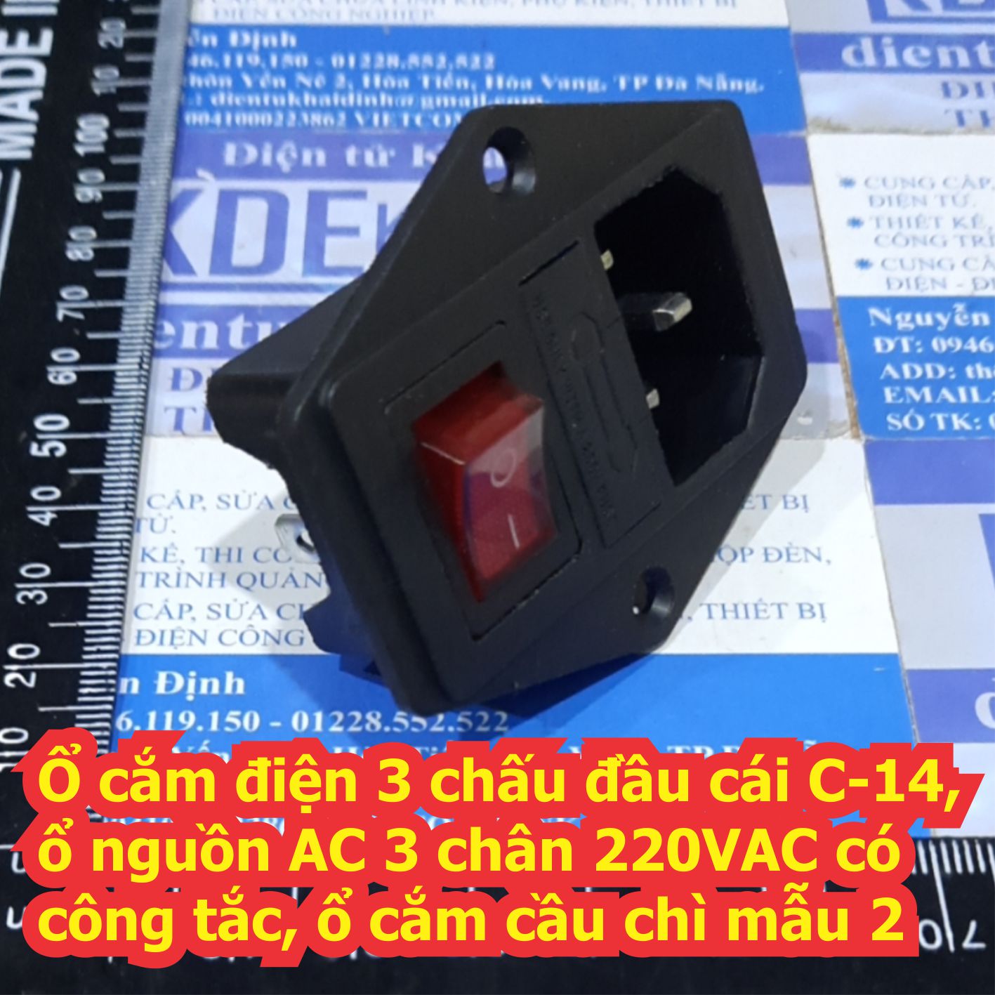 Ổ cắm điện 3 chấu đầu cái C-14, ổ nguồn AC 3 chân 220VAC có công tắc, ổ cắm cầu chì mẫu 2 kde7040