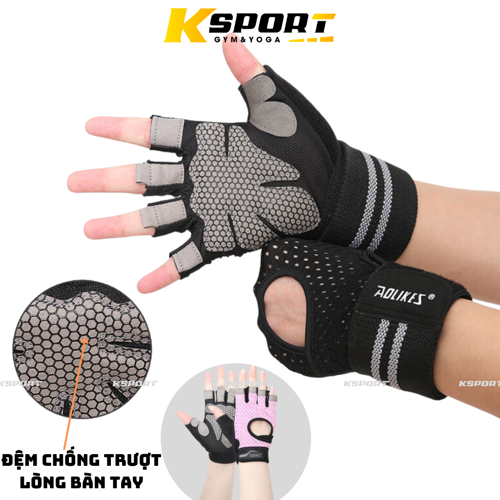 Găng tay Nam Nữ Tập Gym Có Cuốn Trợ Lực Cổ Tay Cao Cấp Aolikes 113 Hở Bàn ( 1 đôi )