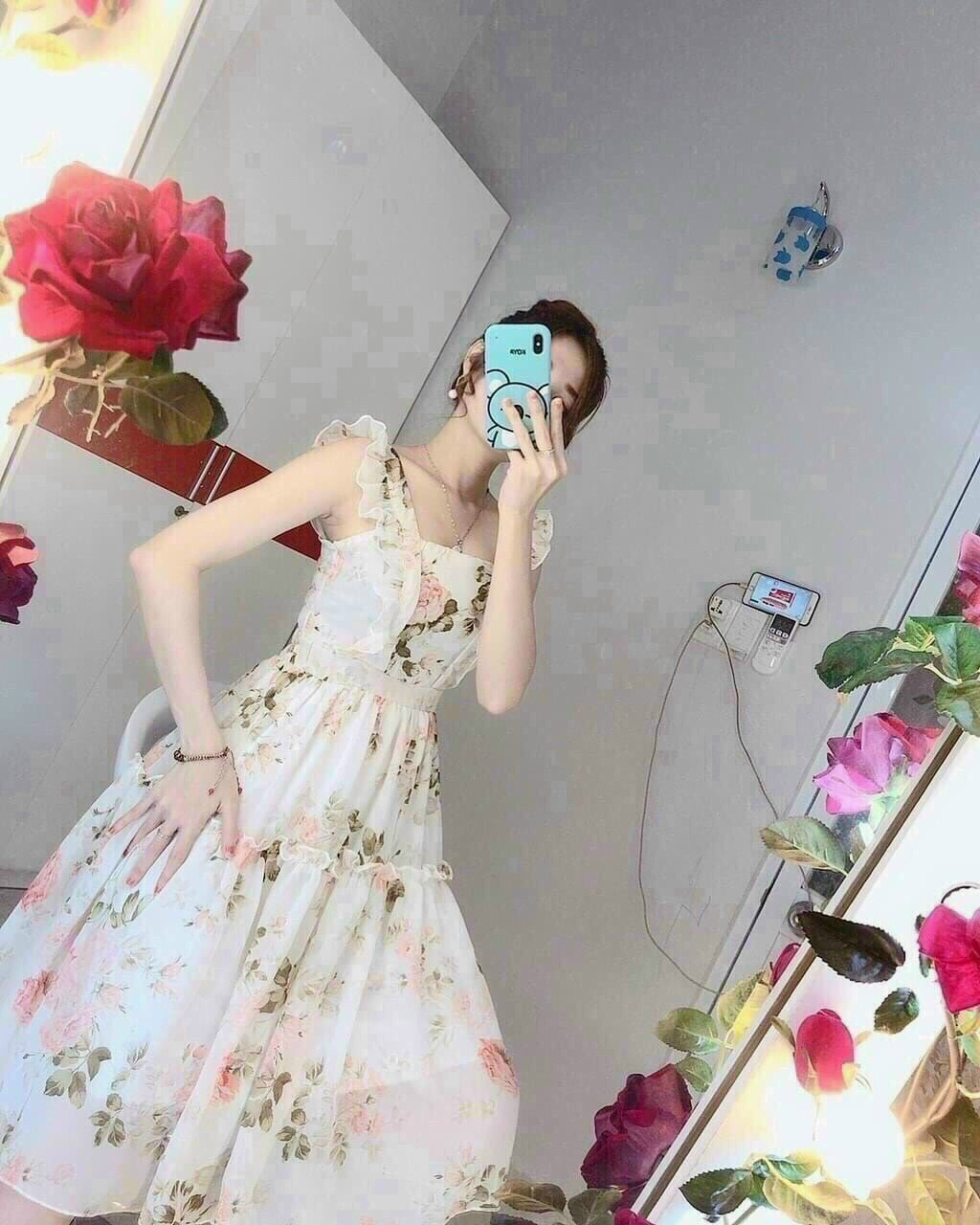 Đầm lụa hoa hai dây xòe siêu xinh