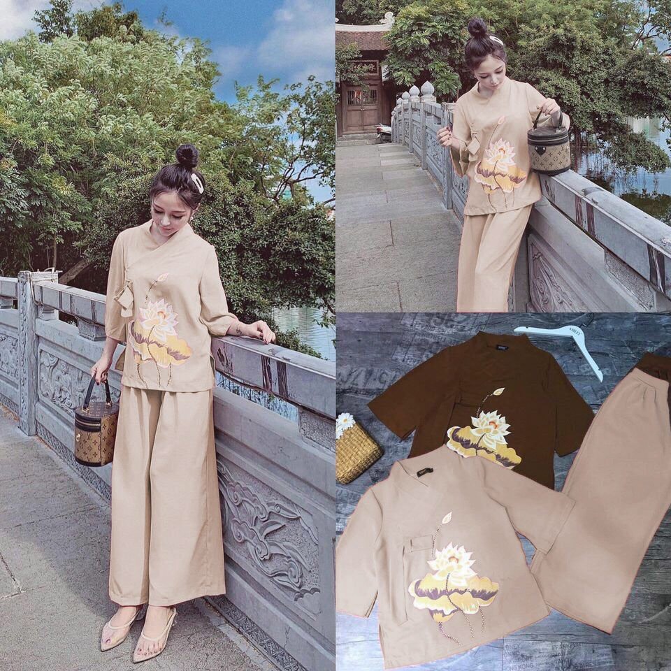 Set bộ đũi thêu sen cao cấp dễ mặc