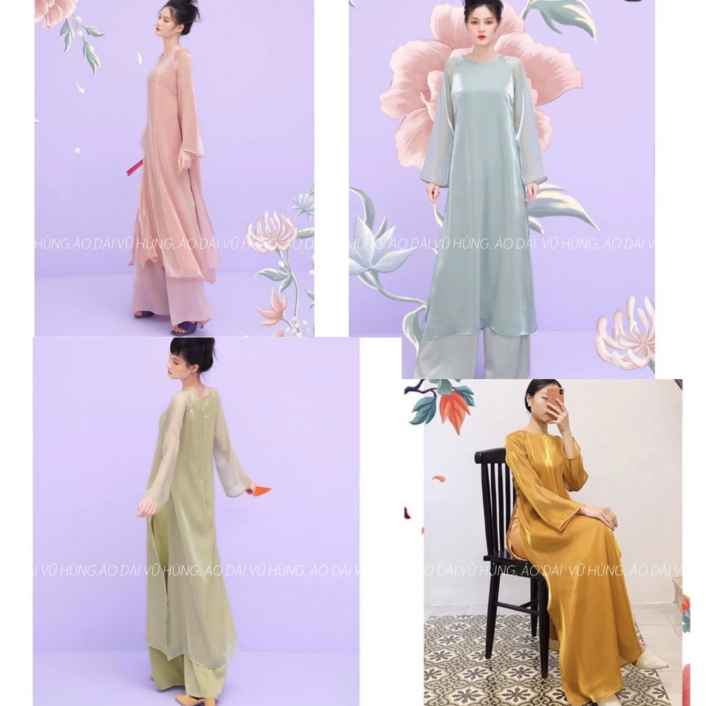 Bộ áo dài voan cách tân dáng suông xưa, áo dài 4 tà, áo dài tết