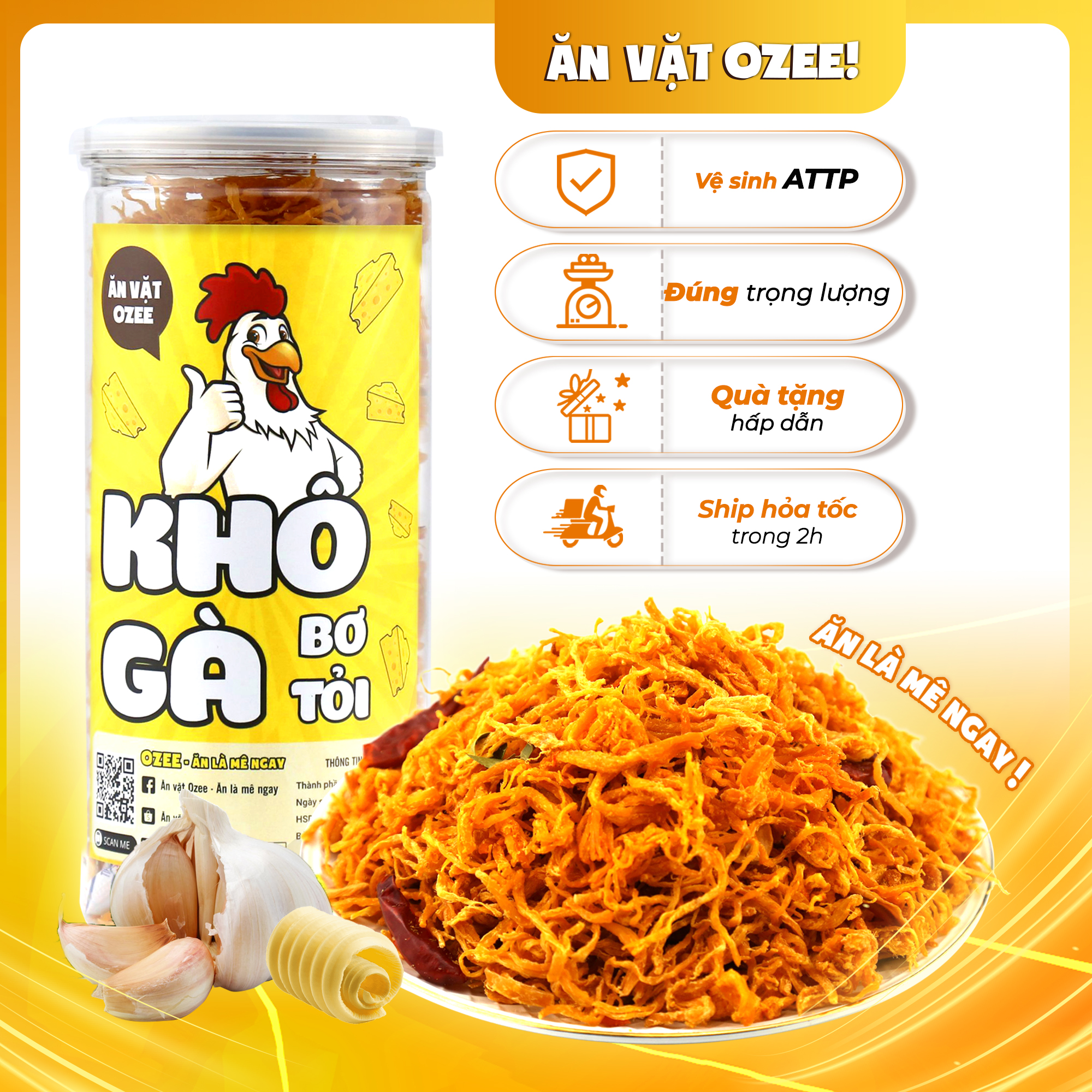 Khô gà bơ tỏi hộp 300g siêu ngon Ozee - Ăn là mê ngay