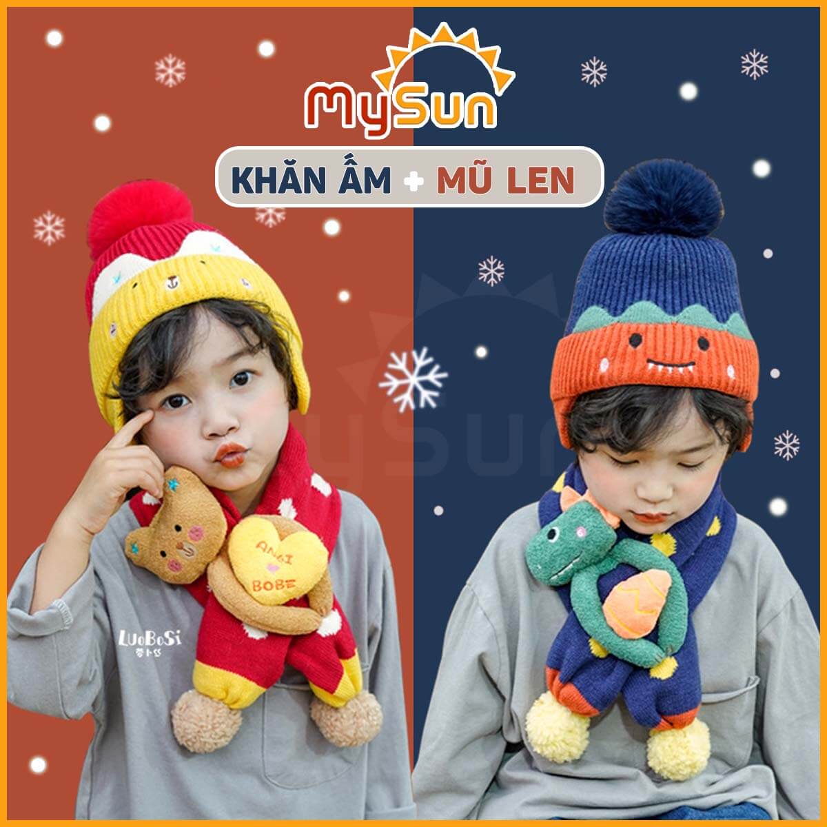 Set mũ nón khăn len trùm đầu cho bé trai - gái 1 2 3 4 5 6 7 8 tuổi mùa đông đẹp mysun