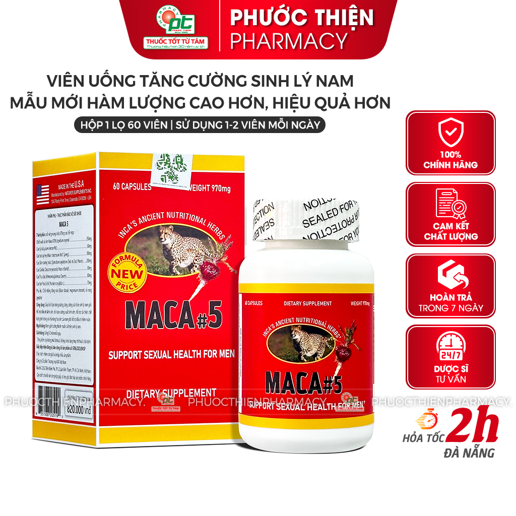 CHE TÊN SP - Viên uống tăng cường sinh lý và sức khỏe nam giới Maca 5 Peru lọ 60 Viên - Maca5 Testosterone giúp tăng ham muốn nam