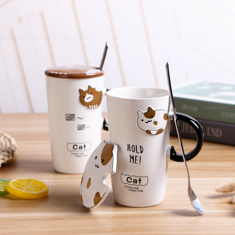 Ly sứ hình mèo có nắp, 400ml - kèm muỗng cafe