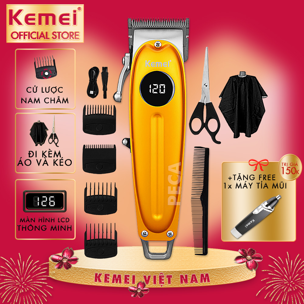 Tông đơ cắt tóc chuyên nghiệp Kemei KM-1955 màn hình LCD, công suất mạnh, sạc nhanh USB Tặng kèm áo choàng, lược, kéo cắt tóc tiện lợi