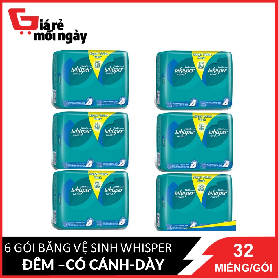 Combo 6 gói băng vệ sinh whisper ipad ban đêm có cánh - 28cm - 32 miếng/gói