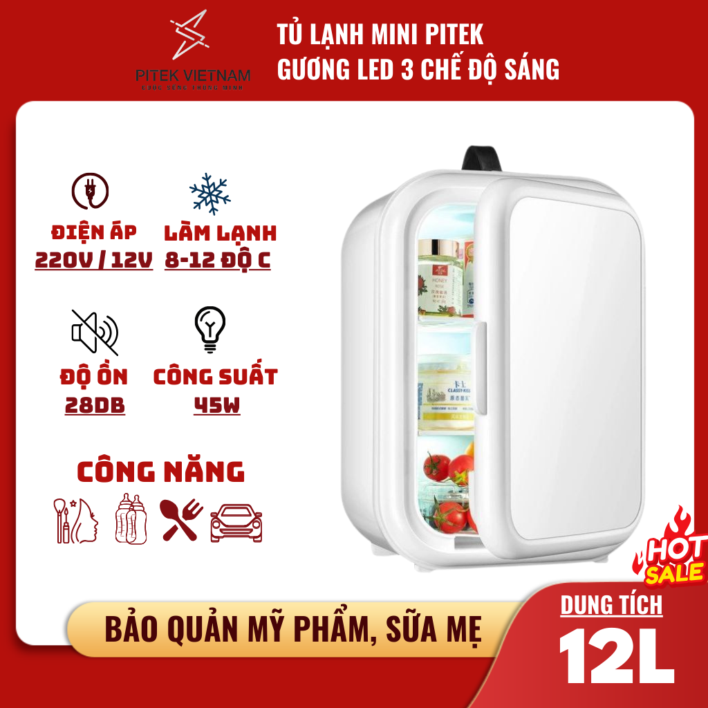 Tủ lạnh mini KEMIN cao cấp trang bị gương có đèn led dung tích 12L - Pitek