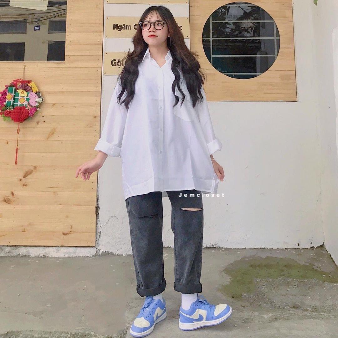 Set baggy xám rg + sơ mi td túi nắp