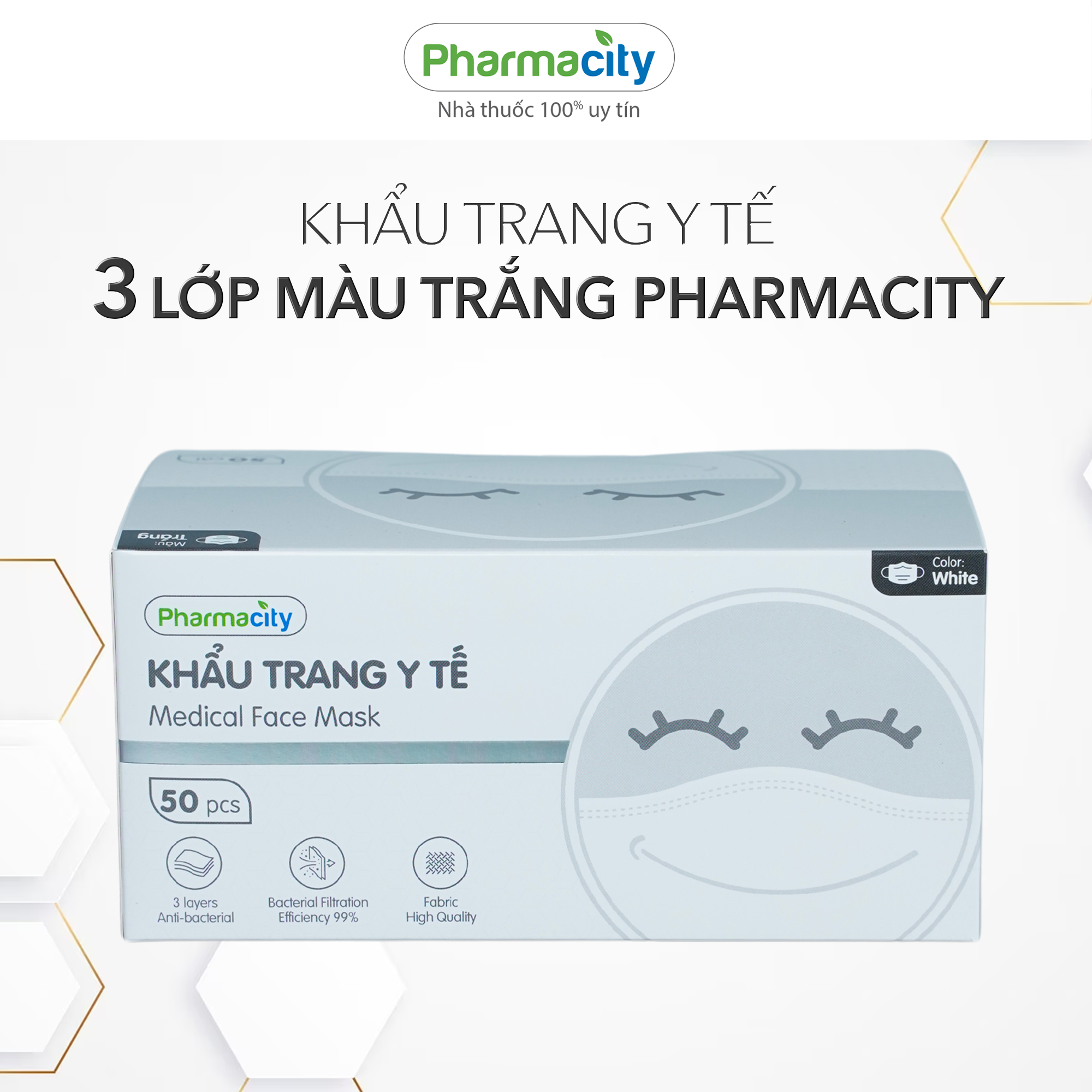 Khẩu trang y tế 3 lớp màu trắng Pharmacity (50 cái/hộp)