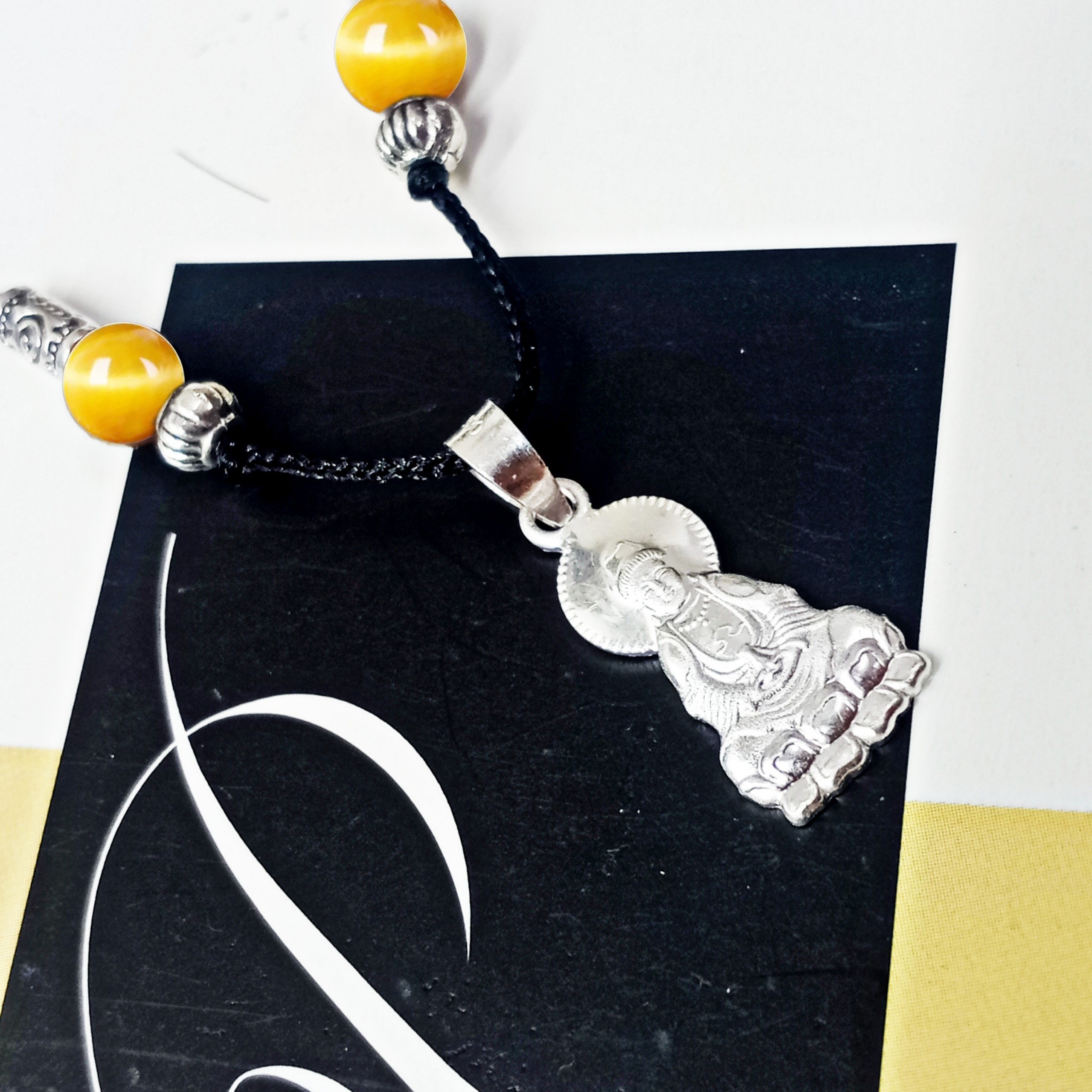 Đá mắt hổ vàng bản đẹp mix với dây chuyền mặt phật - quan âm bồ tát bạc thật - zen calligraphy jewelry