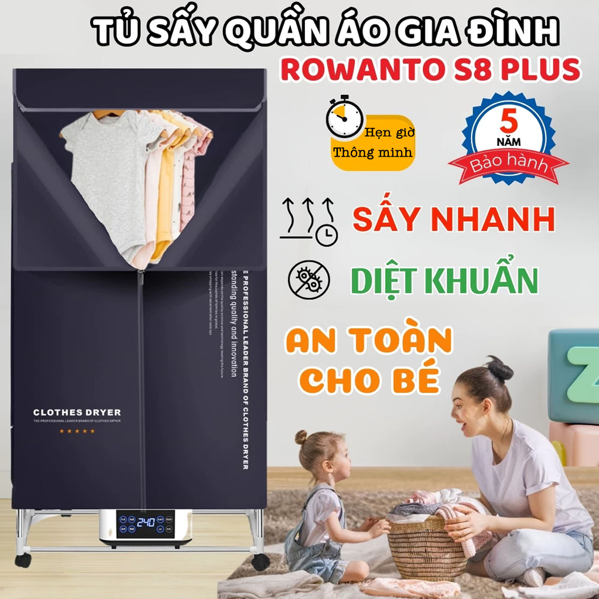  Tủ Sấy Quần Áo Cao Cấp Rowanto S6   S8 Plus Máy Sấy Diệt Khuẩn An Toàn Tiết Kiệm Điện Tủ Sấy Đồ 
