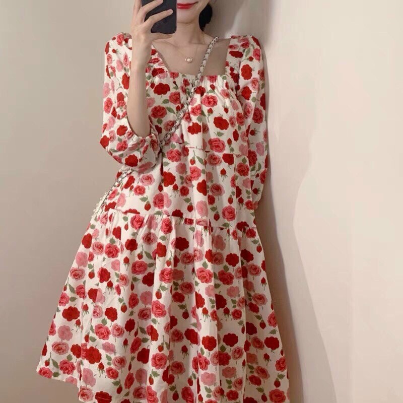Đầm hoa cổ vuông dáng xòe, đầm babydoll, đầm tay phồng, đầm midi hoa nhí hàn quốc đáng yêu