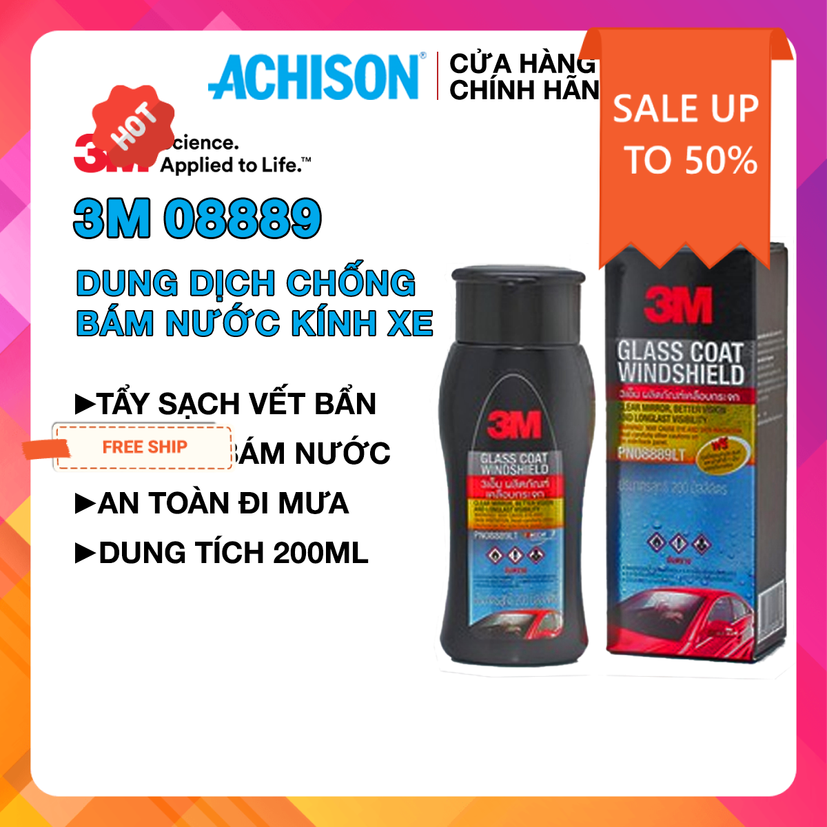 Dung dịch chống bám nước kính xe 3M 08889LT Chính Hãng Cao Cấp đi mưa an toàn giá sale sập sàn