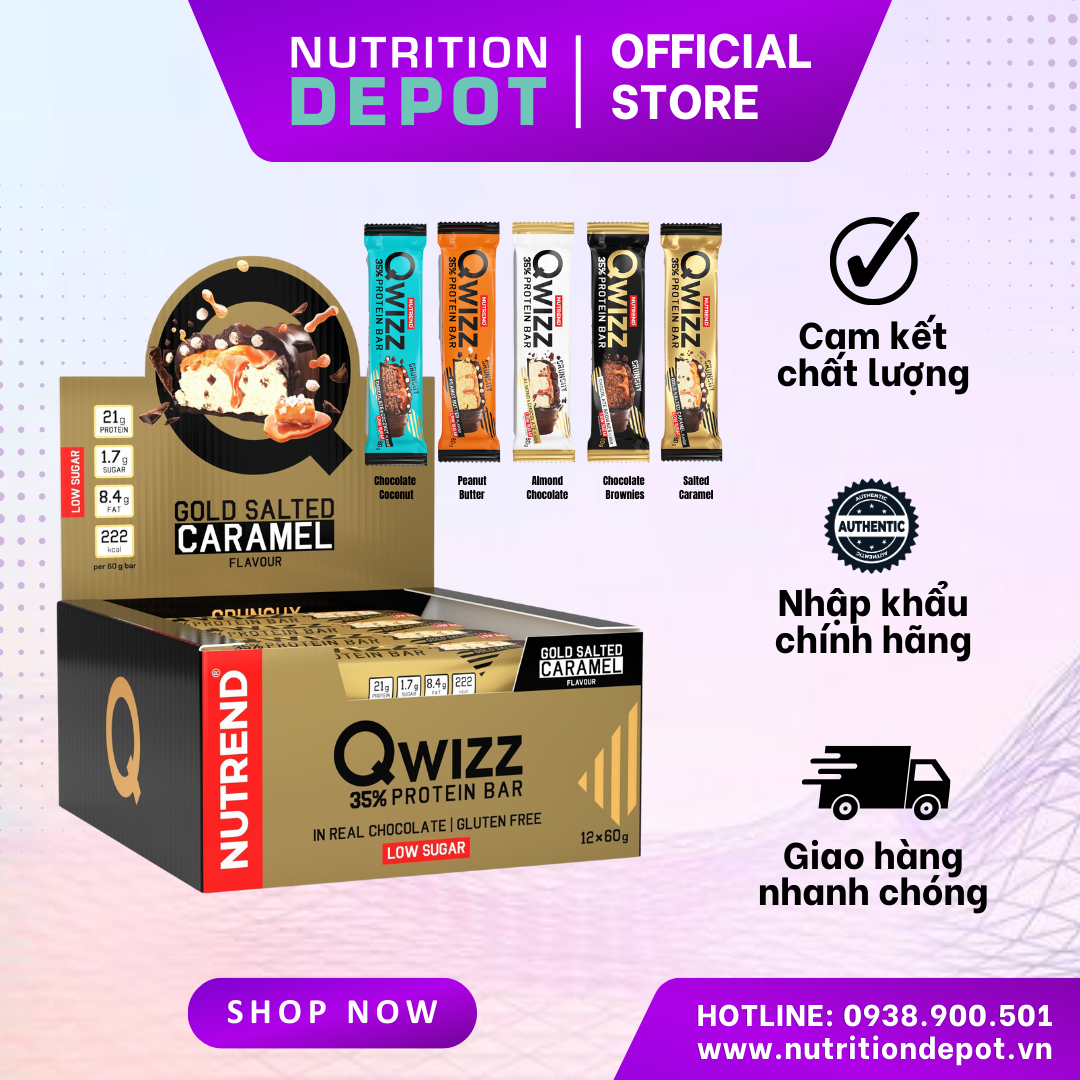 Premium Qwizz Protein Bar Nutrend – Box 12 bars x 55g - Healthy protein snack high protein content - Nutrition Depot Vietnam