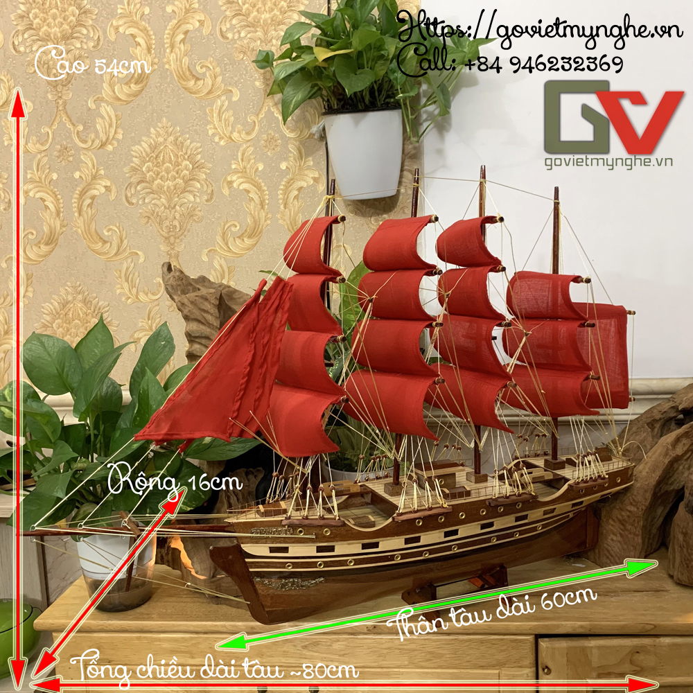 Mô hình thuyền gỗ thuyền trang trí phong thủy tàu chở hàng France II - Thân tàu dài 60cm - Buồm màu Đỏ - Gỗ Tự Nhiên