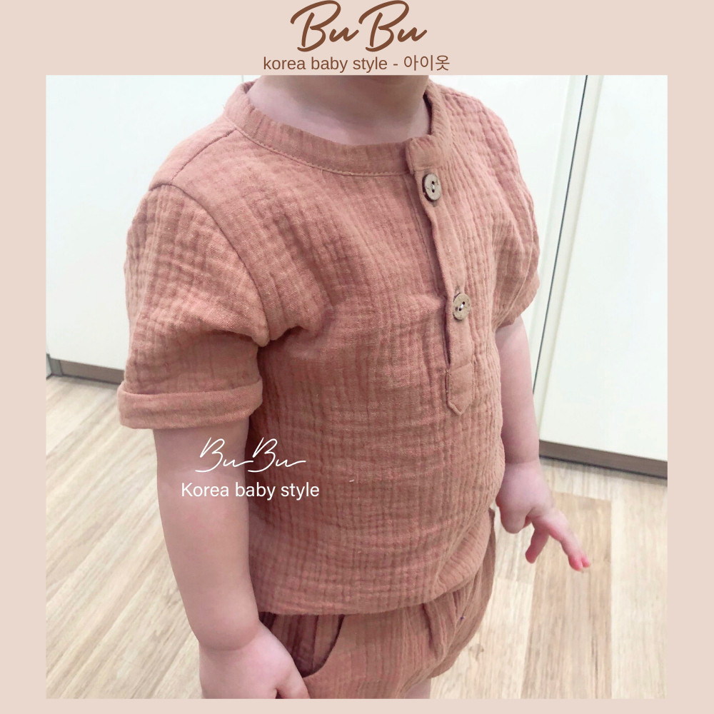 Set cộc tay trơn đáng yêu cho bé trai- chất muslin thấm hút- hàng thiết kế bubu