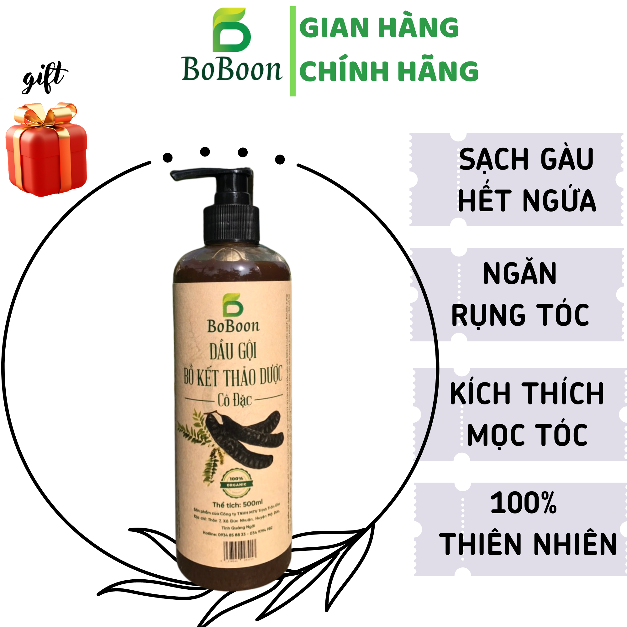 Dầu gội thảo dược BOBOON kích mọc tóc, ngăn rụng, sạch gàu