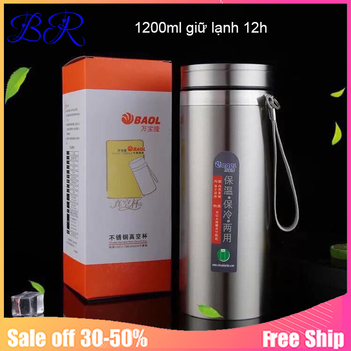 Bình giữ nhiệt inox 2 lớp 304 1200ml thương hiệu baol giữ lạnh 12h ,Có lưới inox chắn đá