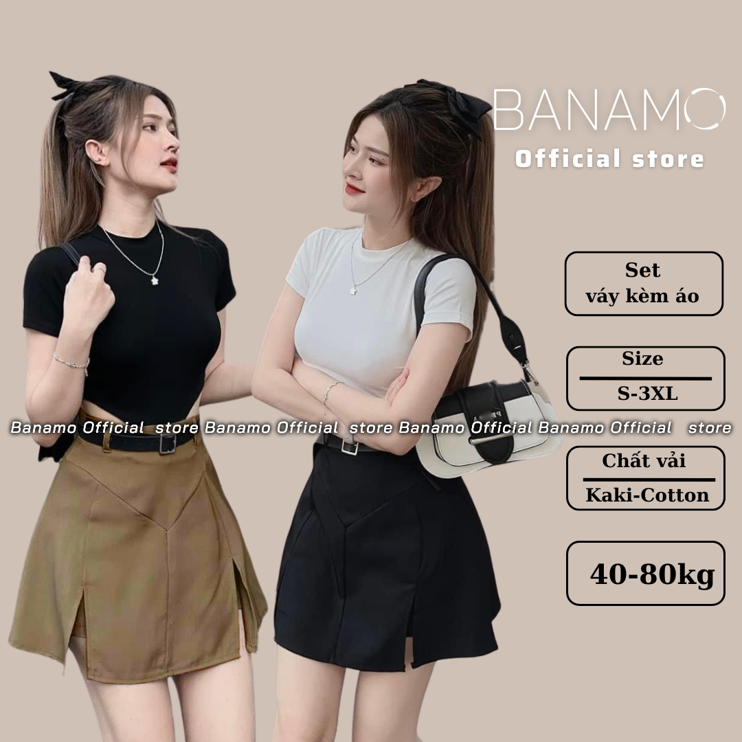 Set nữ Banamo Fashion chân váy kaki ngắn xẻ phối áo croptop vạt tôm kèm đai 186