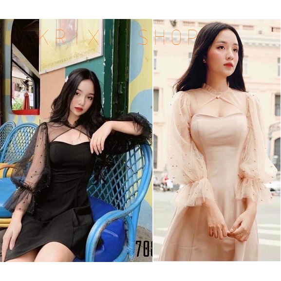 ĐẦM NỮ DỰ TIỆC ĐÍNH NGỌC ÔM CỔ CÔNG CHÚA ĐÁNG IU CHẤT LIỆU CÁT HÀN CÓ MÚT NGỰC