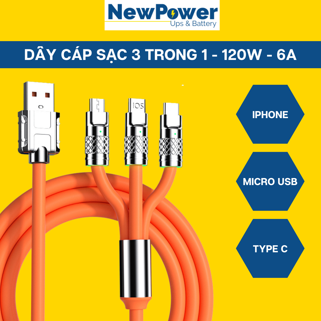 Dây cáp sạc iphone, type c, micro usb, cáp sạc 3 đầu 120w, 6a