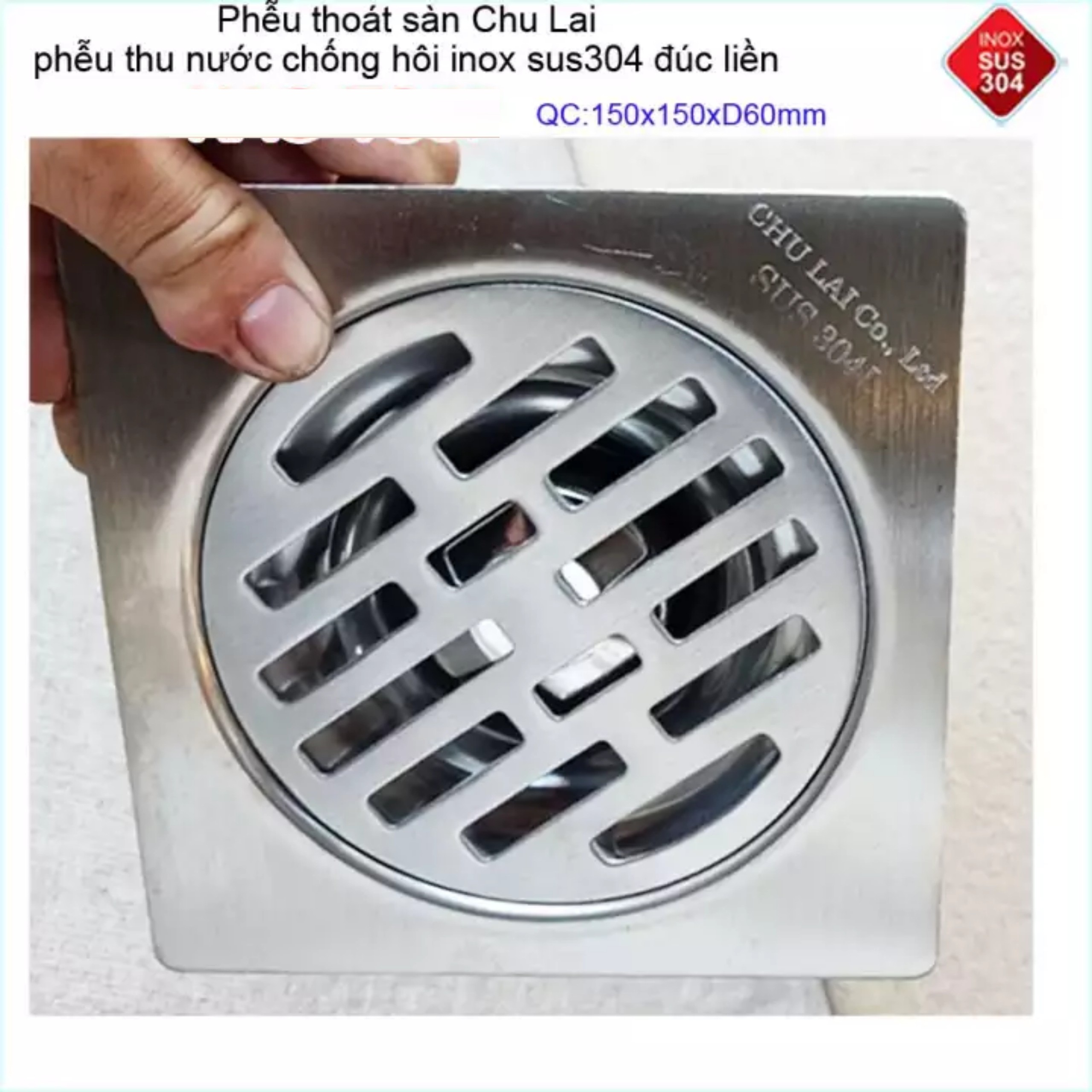 Hố ga thoát sàn Chu Lai Inox 304, phễu thoát nước chống hôi 15x15cm